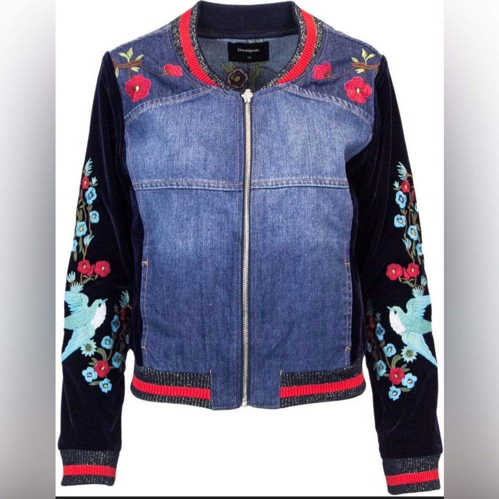 NEW📍Desigual Tottori  Embroidered Bomber Jacket velvet & Denim 40 medium - Picture 4 of 16